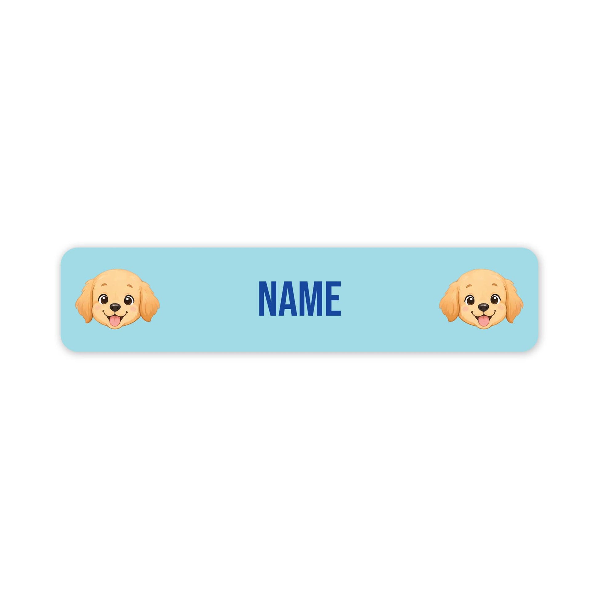 A horizontal light blue personalized name label with rounded corners, featuring two cartoon puppy faces on the left and right sides and the word 'NAME' in blue text in the center, shown on a white background.