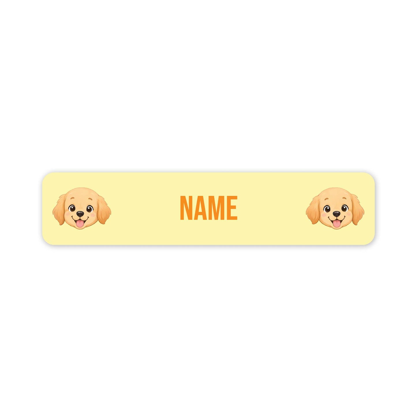 A pale yellow rectangular label with rounded corners, featuring two cartoon puppy faces at the left and right edges and the word "NAME" in orange centered between them, on a white background.