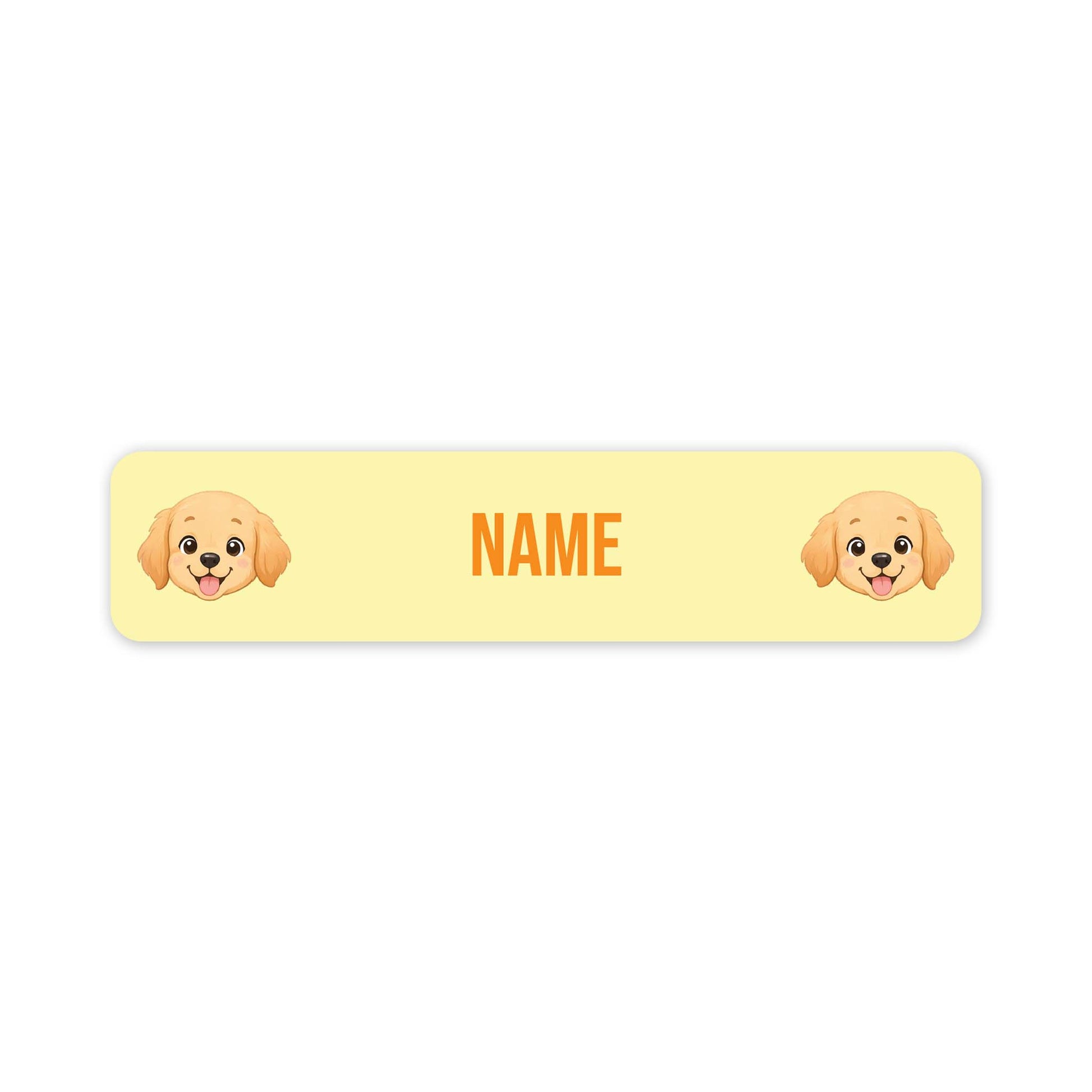 A pale yellow rectangular label with rounded corners, featuring two cartoon puppy faces at the left and right edges and the word "NAME" in orange centered between them, on a white background.