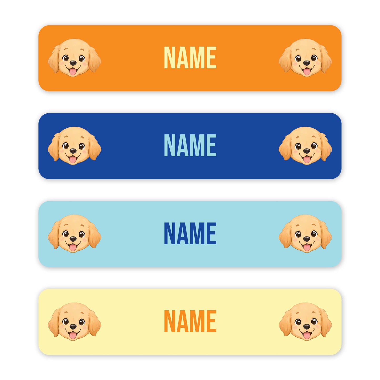 Four horizontal rectangular name tags with rounded corners, each showing a cartoon puppy face on the left and right and the word 'NAME' in the centre. The tags are orange, blue, light blue, and pale yellow, shown on a white background.