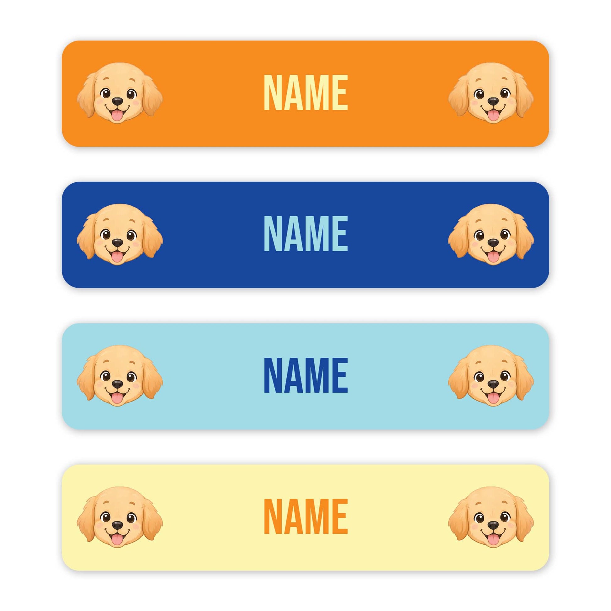 Four horizontal rectangular name tags with rounded corners, each showing a cartoon puppy face on the left and right and the word 'NAME' in the centre. The tags are orange, blue, light blue, and pale yellow, shown on a white background.