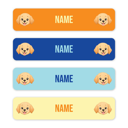 Four horizontal rectangular name tags with rounded corners, each showing a cartoon puppy face on the left and right and the word 'NAME' in the centre. The tags are orange, blue, light blue, and pale yellow, shown on a white background.