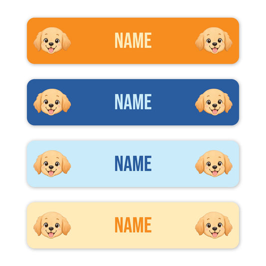 Four horizontal rectangular name tags with rounded corners, each showing a cartoon puppy face on the left and right and the word 'NAME' in the centre. The tags are orange, blue, light blue, and pale yellow, shown on a white background.