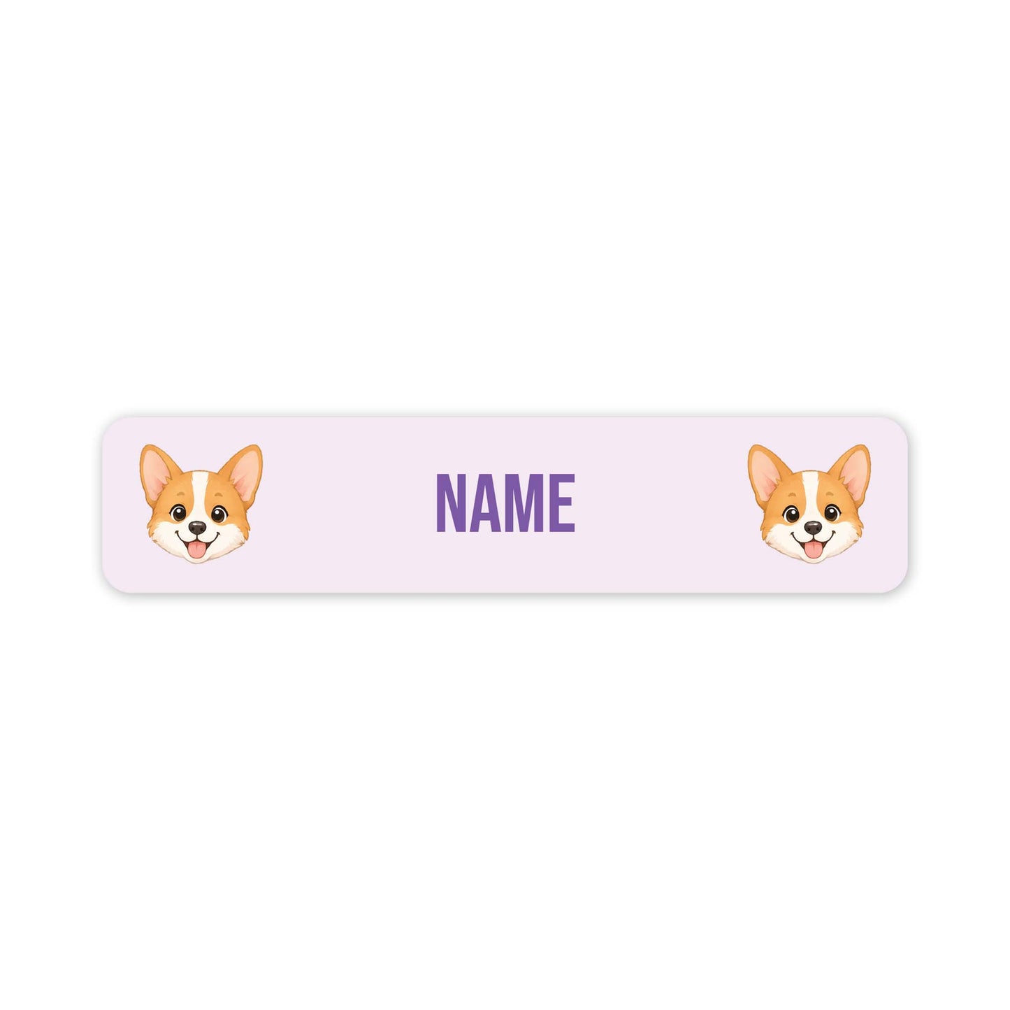 A personalized rectangular label with rounded corners, featuring two cartoon corgi faces on the left and right sides and the word 'NAME' in purple in the center, shown on a plain white background.