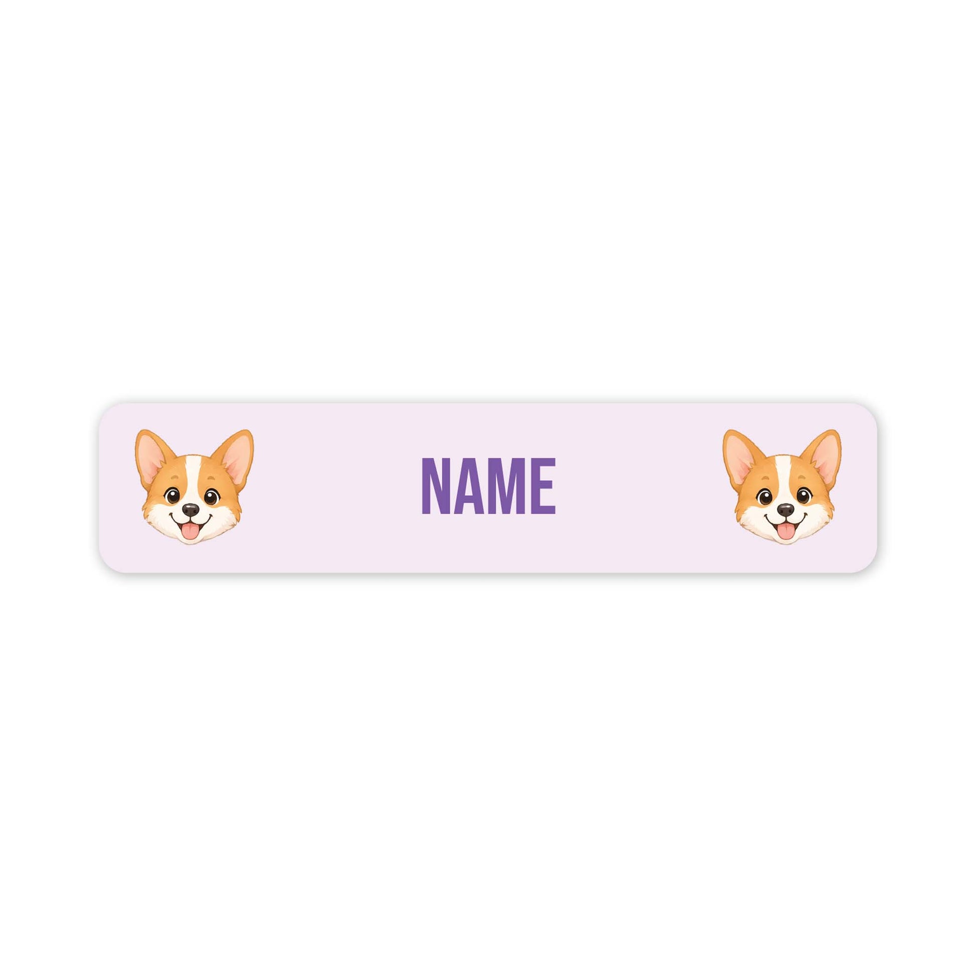 A personalized rectangular label with rounded corners, featuring two cartoon corgi faces on the left and right sides and the word 'NAME' in purple in the center, shown on a plain white background.