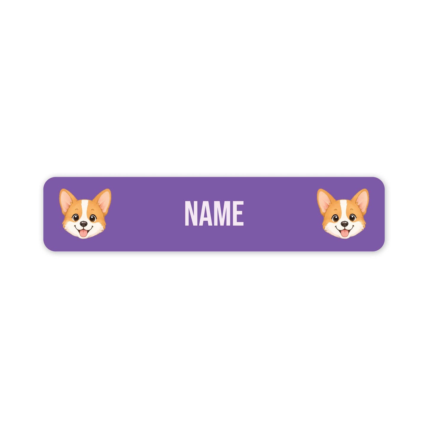 A purple rectangular name tag with rounded corners, featuring two cartoon corgi faces on the left and right sides and the word 'NAME' in white centered in the middle, shown on a plain white background.