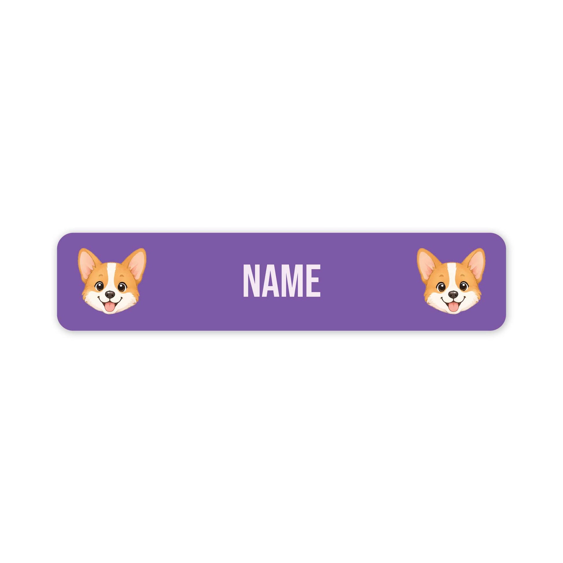 A purple rectangular name tag with rounded corners, featuring two cartoon corgi faces on the left and right sides and the word 'NAME' in white centered in the middle, shown on a plain white background.
