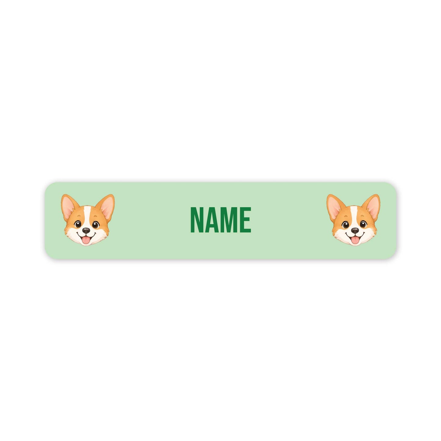 A horizontal light green personalized name label with rounded corners, featuring two cartoon corgi faces and the text 'NAME' in green in the center, shown on a plain white background.