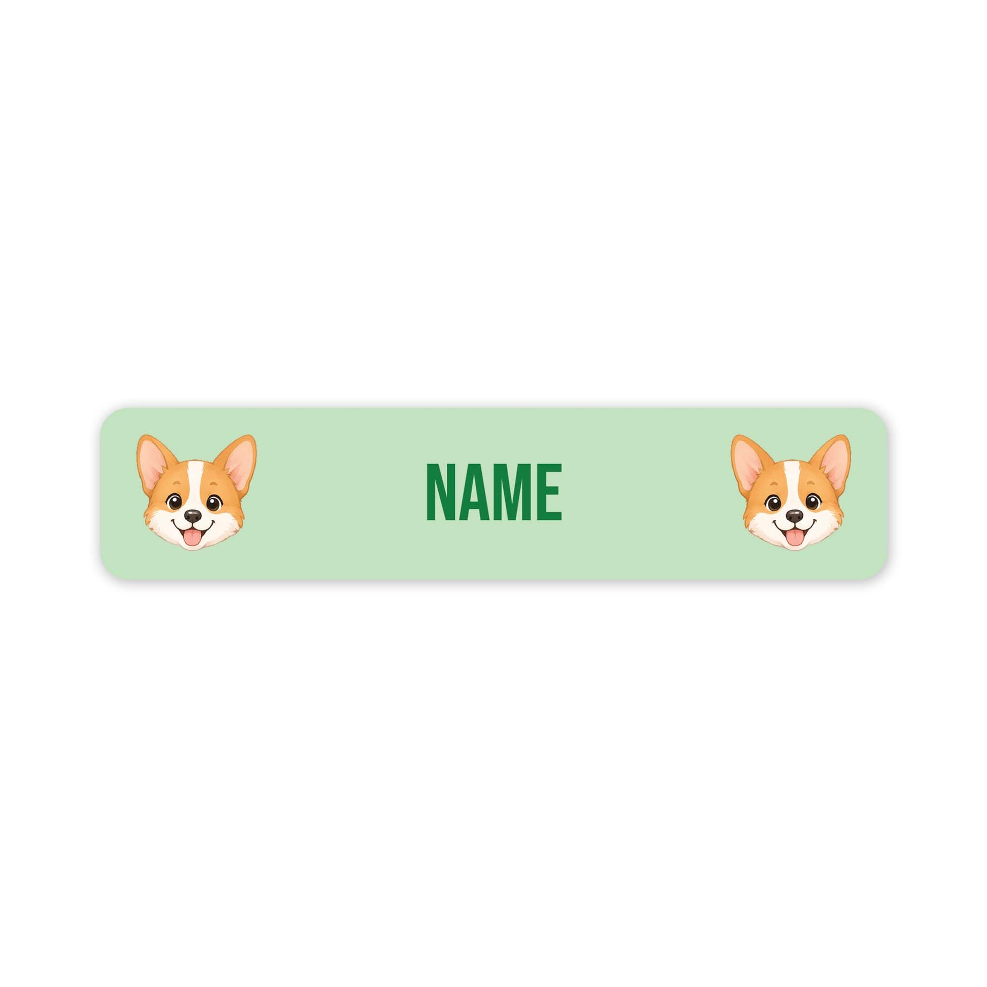 A horizontal light green personalized name label with rounded corners, featuring two cartoon corgi faces and the text 'NAME' in green in the center, shown on a plain white background.