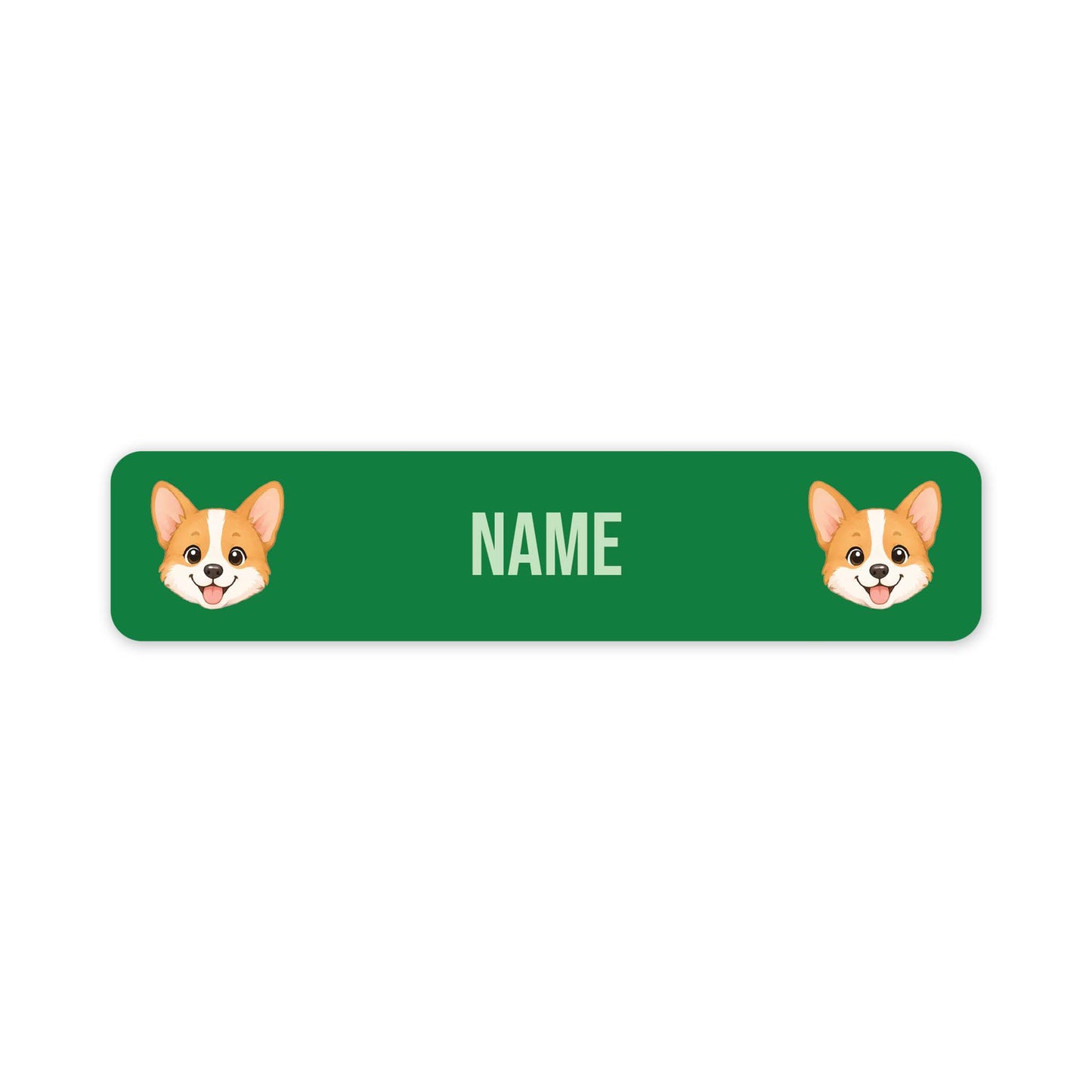 A green rectangular pet nameplate with rounded corners, featuring two cartoon corgi faces on the left and right sides and the word 'NAME' in the center for personalization.