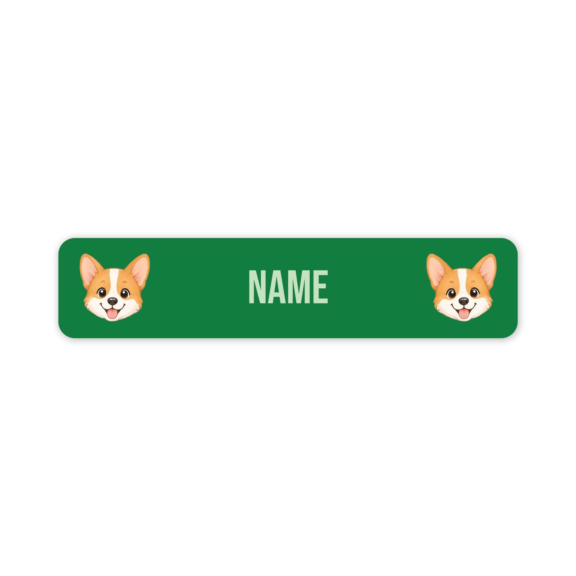 A green rectangular pet nameplate with rounded corners, featuring two cartoon corgi faces on the left and right sides and the word 'NAME' in the center for personalization.