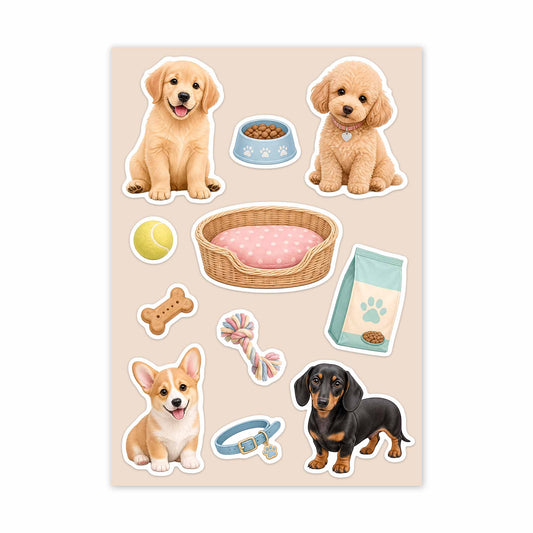 Set of dog-themed stickers on a beige background