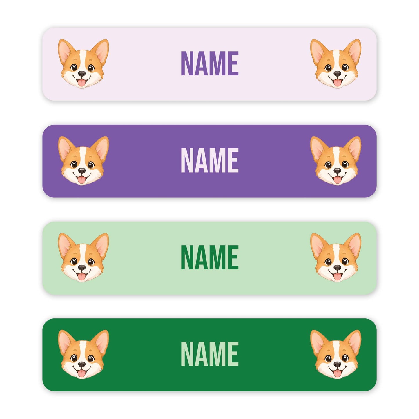 Four rectangular name labels with rounded corners, each showing a corgi face on the left and right and the word NAME in the center. The labels come in four color options: light lavender, purple, light green, and dark green, on a white background.