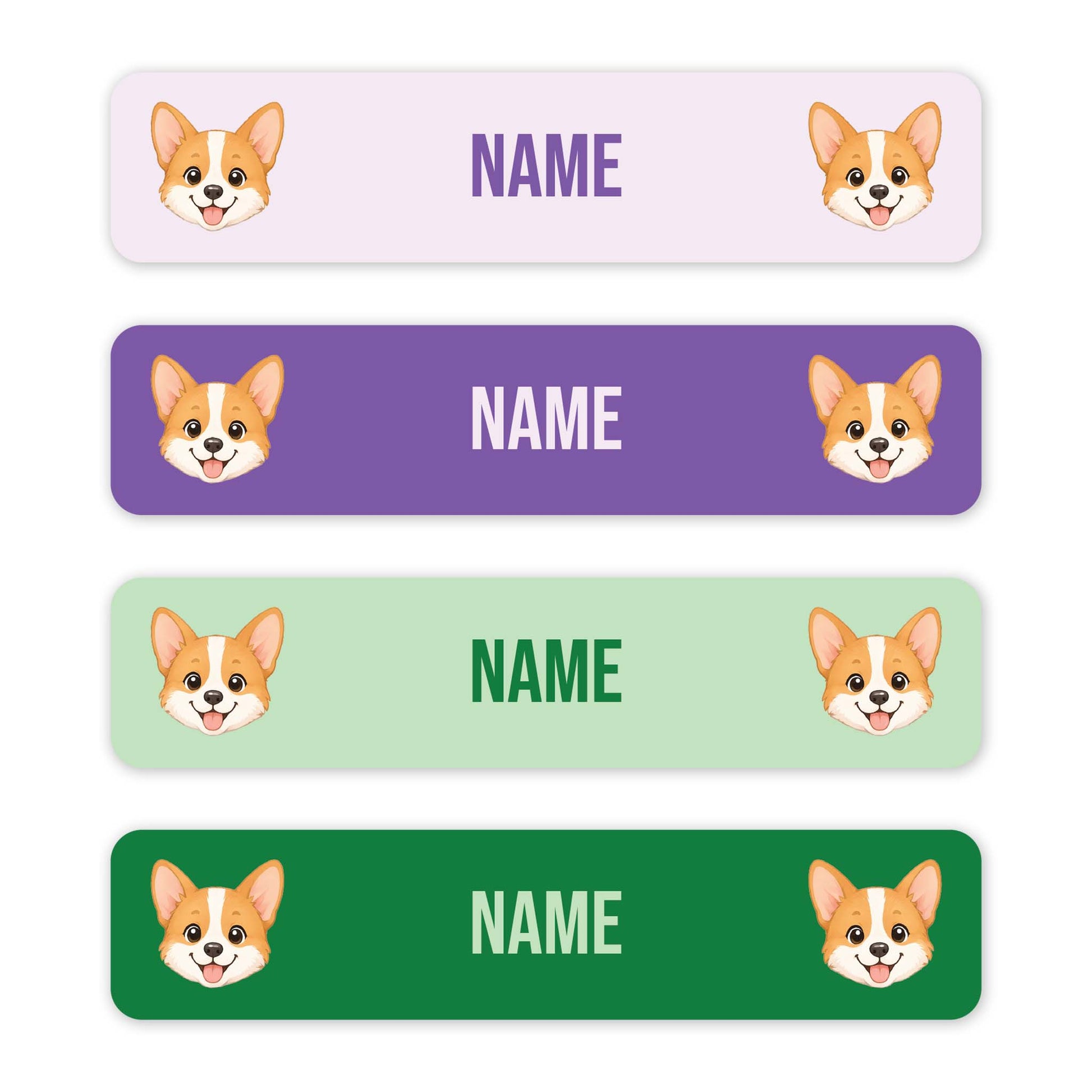 Four rectangular name labels with rounded corners, each showing a corgi face on the left and right and the word NAME in the center. The labels come in four color options: light lavender, purple, light green, and dark green, on a white background.