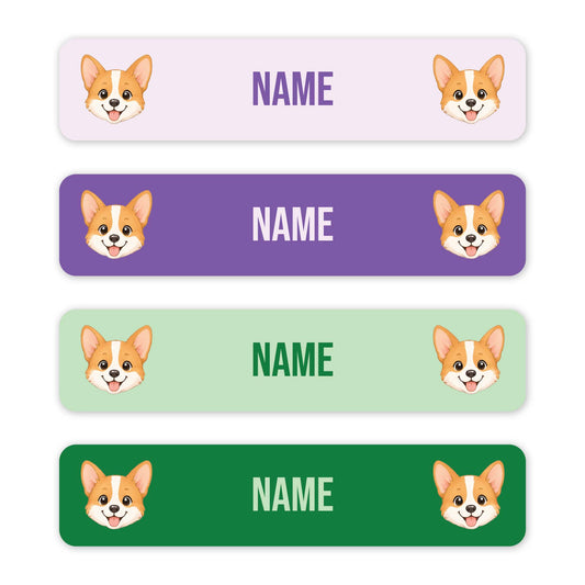 Four rectangular name labels with rounded corners, each showing a corgi face on the left and right and the word NAME in the center. The labels come in four color options: light lavender, purple, light green, and dark green, on a white background.
