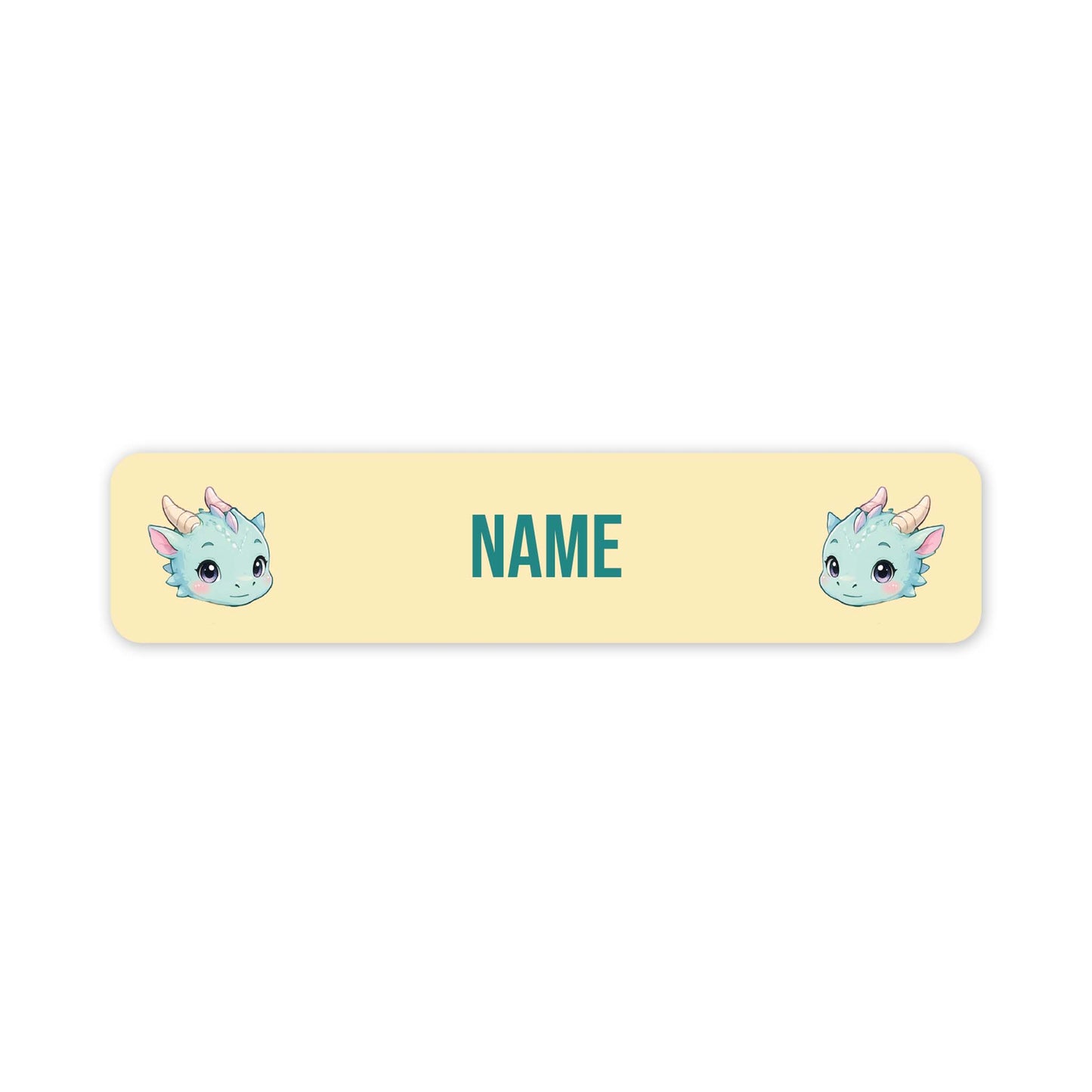 A horizontal name tag with rounded corners, each featuring a cute cartoon dragon illustration on the left and right sides and the word 'NAME' in the centre. The tag is pastel yellow