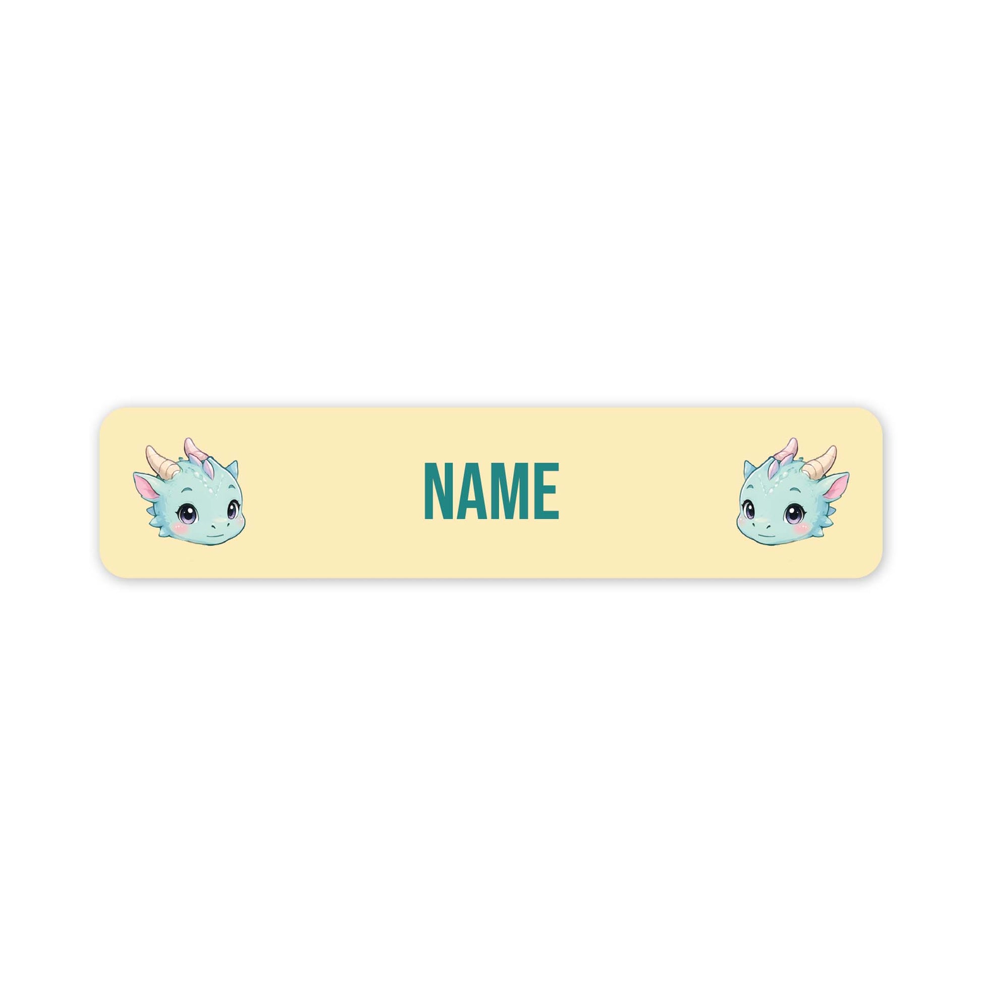 A horizontal name tag with rounded corners, each featuring a cute cartoon dragon illustration on the left and right sides and the word 'NAME' in the centre. The tag is pastel yellow