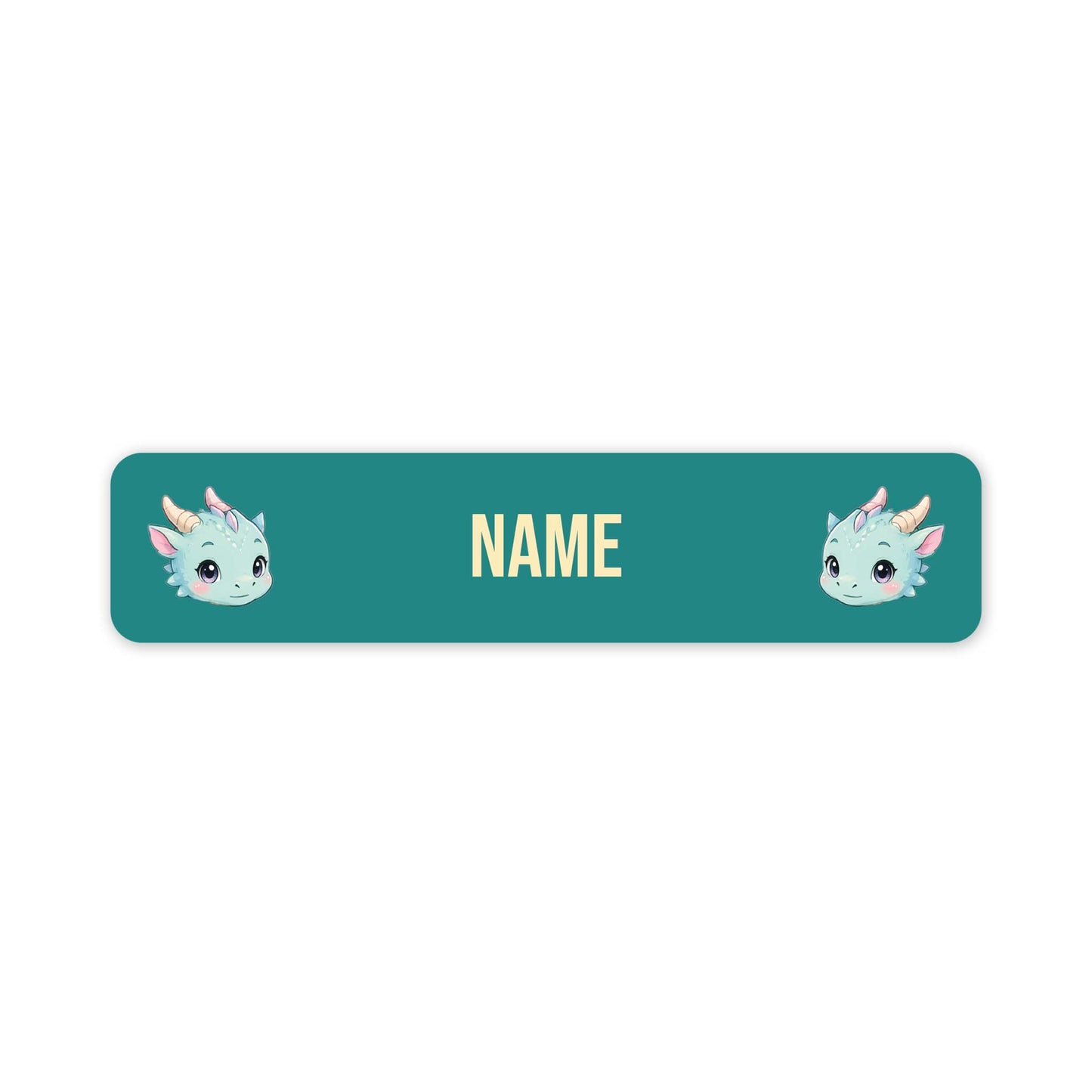A teal rectangular label with rounded corners, featuring two small cartoon unicorn faces on the left and right sides and the word 'NAME' in the centre, shown on a plain white background.