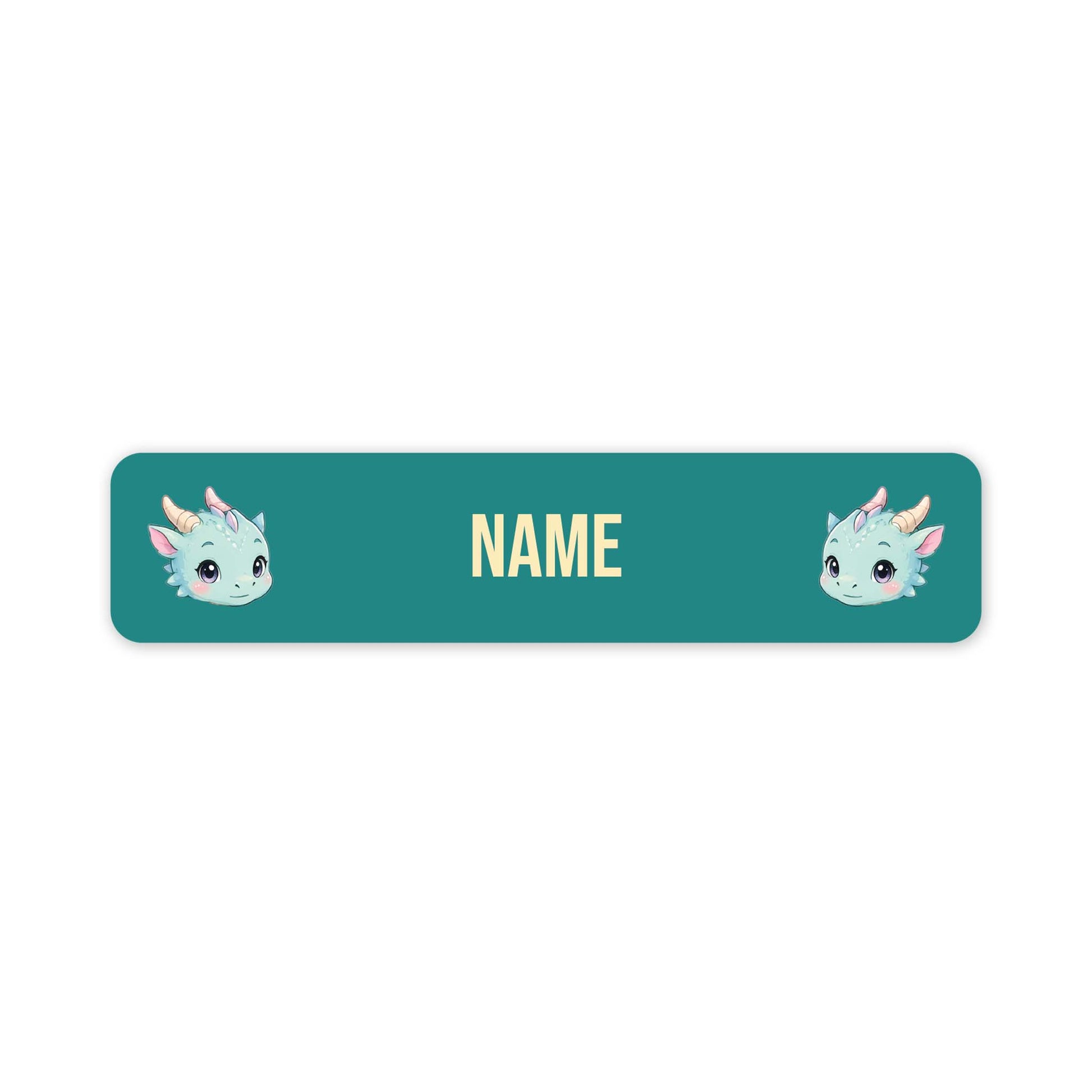 A teal rectangular label with rounded corners, featuring two small cartoon unicorn faces on the left and right sides and the word 'NAME' in the centre, shown on a plain white background.