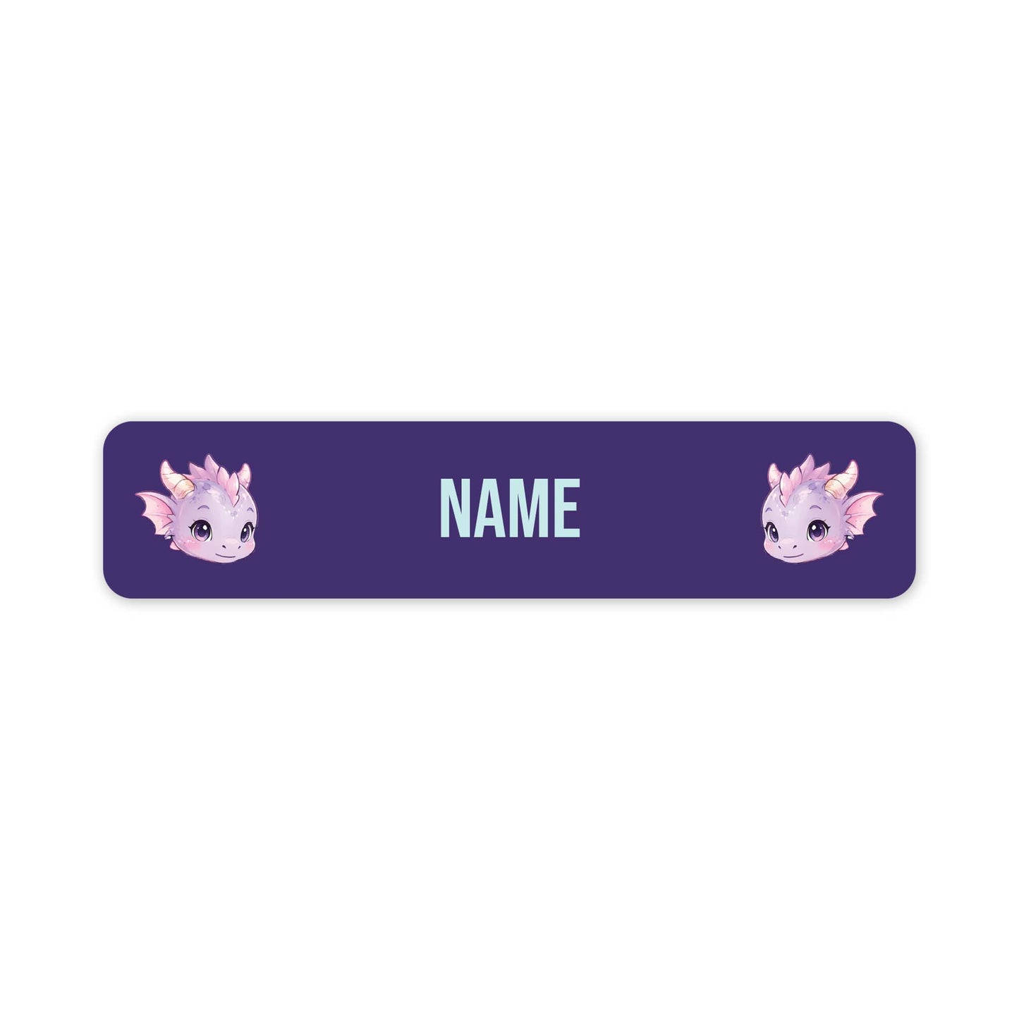 A horizontal purple personalised name label with rounded corners, featuring two cute pink and lavender dragon illustrations on the sides and the word 'NAME' in the centre for customisation.