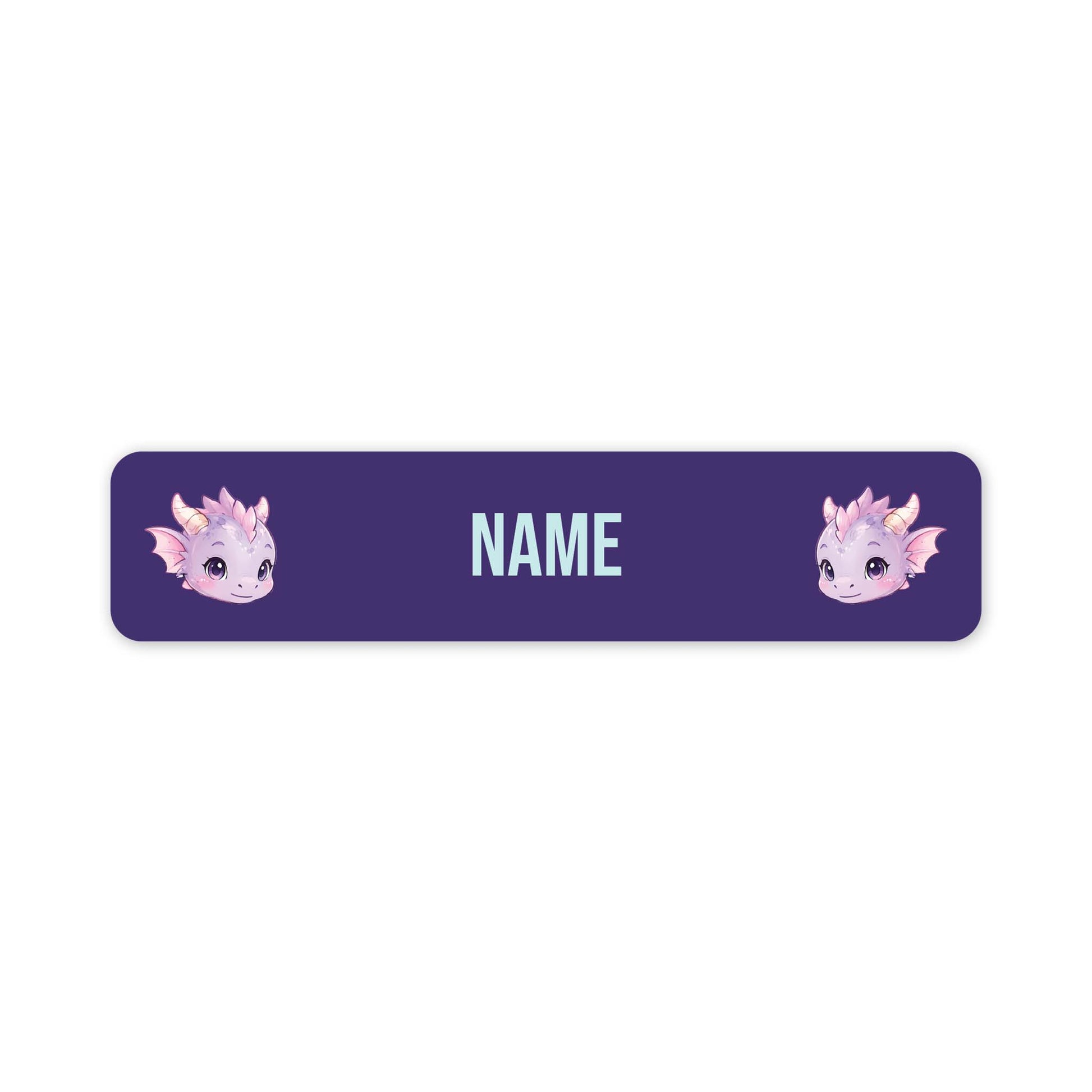 A horizontal purple personalised name label with rounded corners, featuring two cute pink and lavender dragon illustrations on the sides and the word 'NAME' in the centre for customisation.