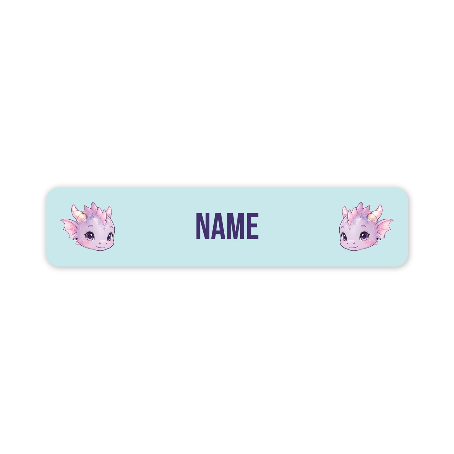 A horizontal light blue personalised name label with rounded corners, featuring two cute pink and purple dragon illustrations on the left and right sides and the word 'NAME' in the centre for customisation.