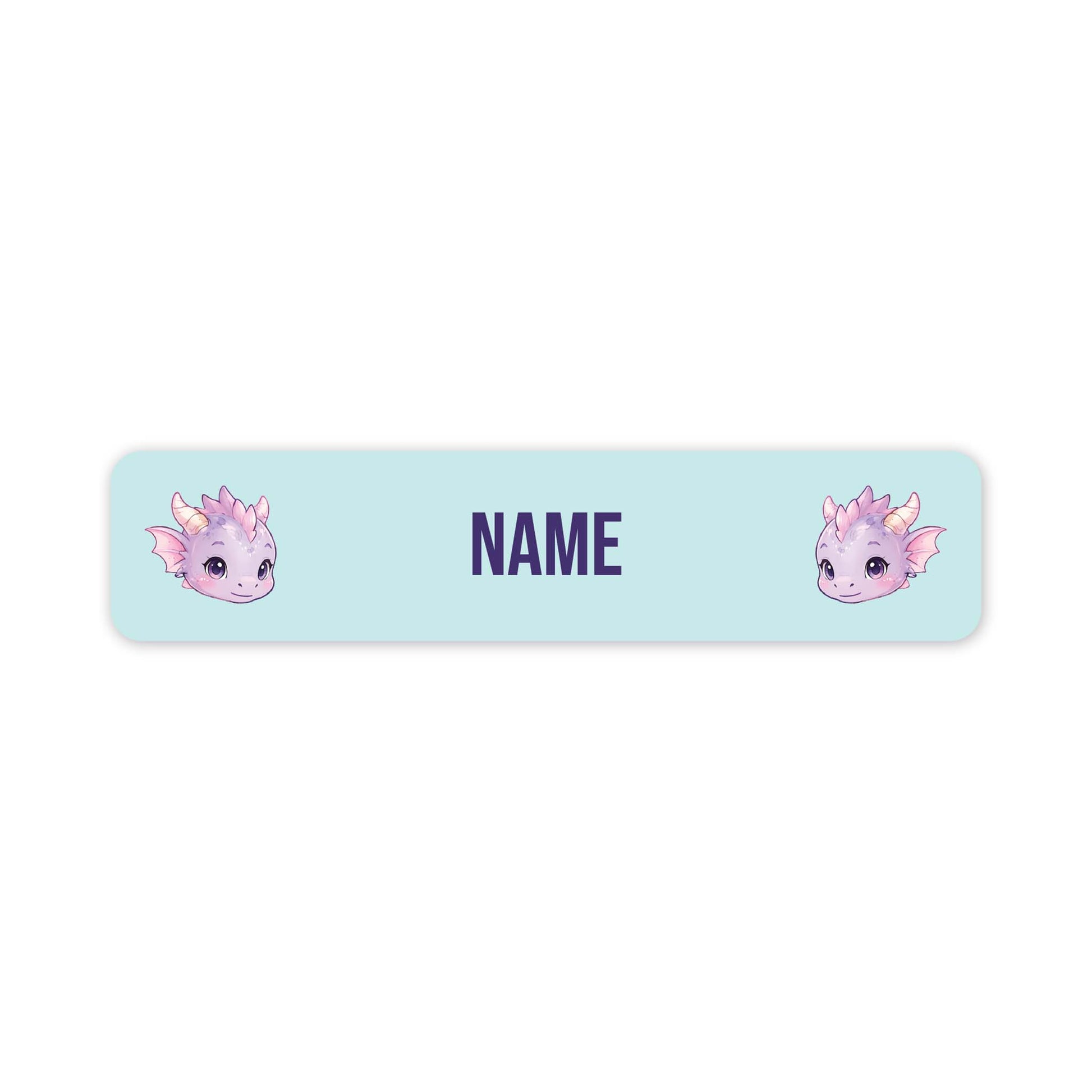 A horizontal light blue personalised name label with rounded corners, featuring two cute pink and purple dragon illustrations on the left and right sides and the word 'NAME' in the centre for customisation.