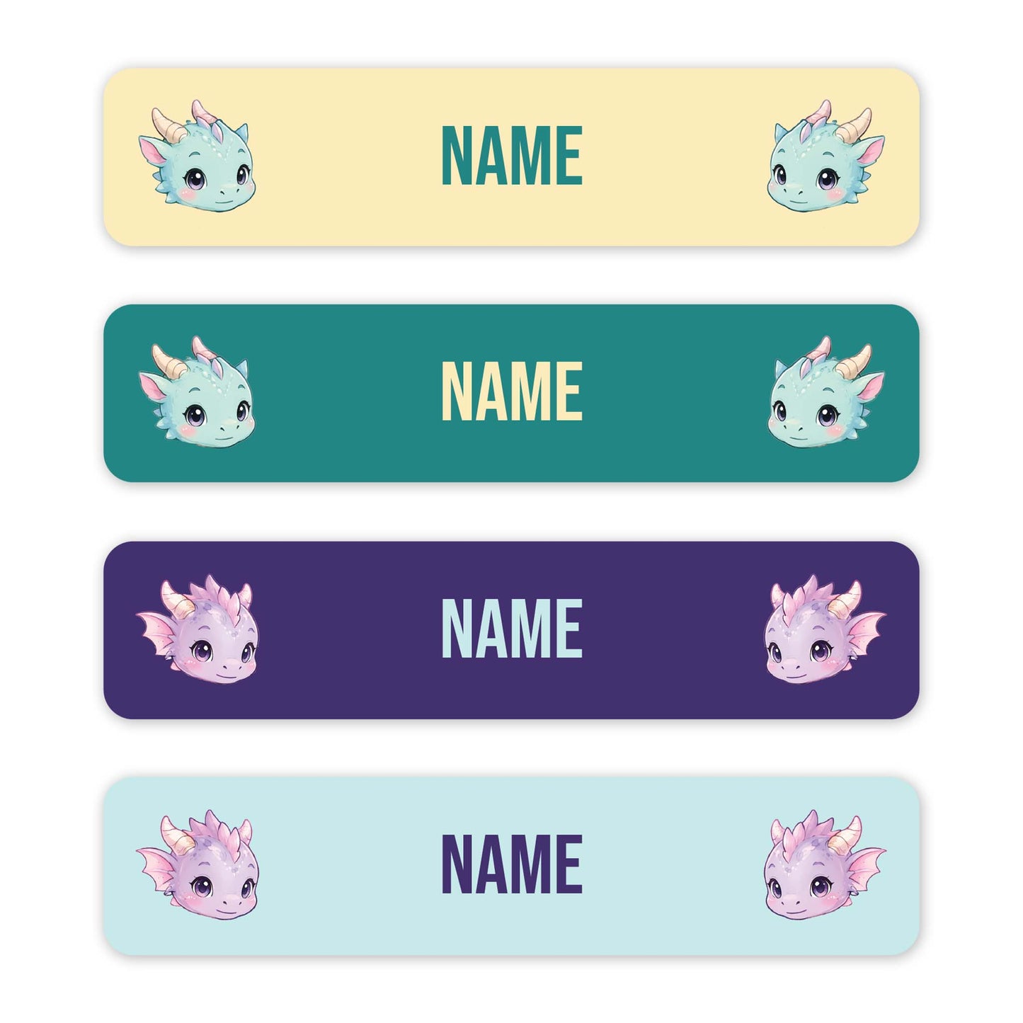 Four horizontal name tags with rounded corners, each featuring a cute cartoon dragon illustration on the left and right sides and the word 'NAME' in the centre. The tags are pastel yellow, teal, purple, and light blue.