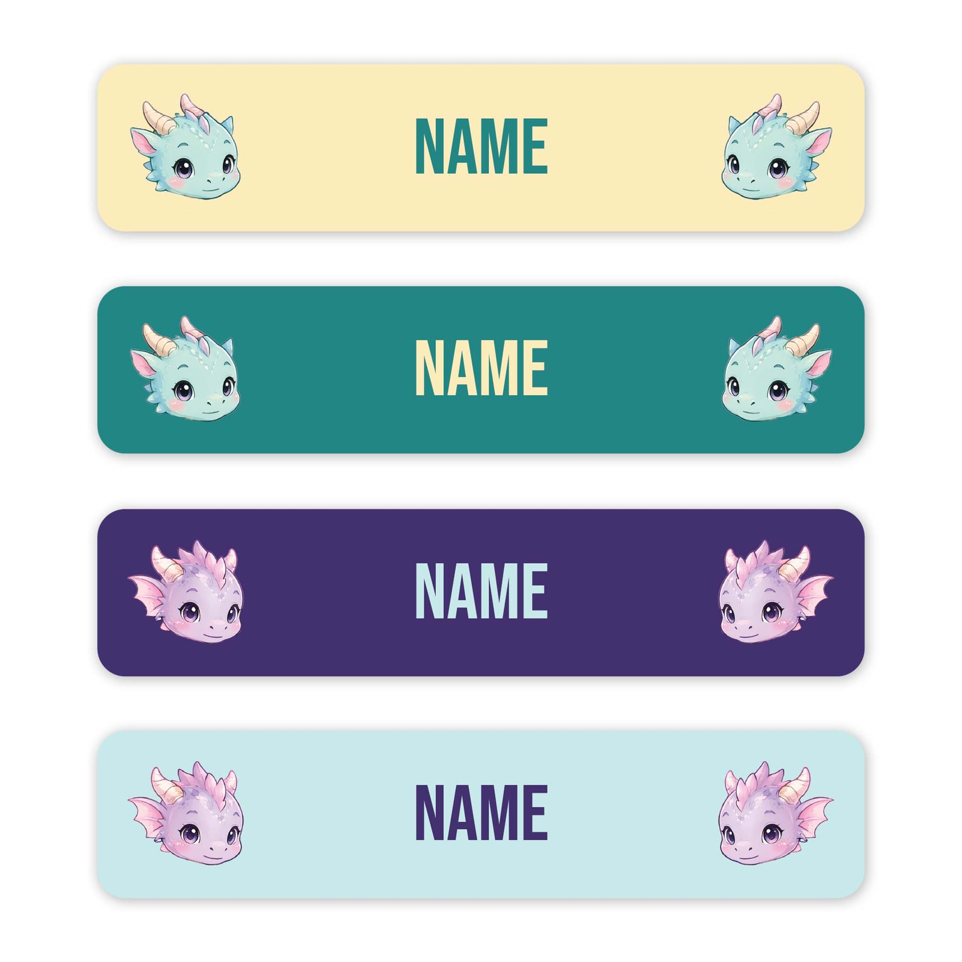 Four horizontal name tags with rounded corners, each featuring a cute cartoon dragon illustration on the left and right sides and the word 'NAME' in the centre. The tags are pastel yellow, teal, purple, and light blue.