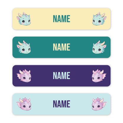 Four horizontal name tags with rounded corners, each featuring a cute cartoon dragon illustration on the left and right sides and the word 'NAME' in the centre. The tags are pastel yellow, teal, purple, and light blue.