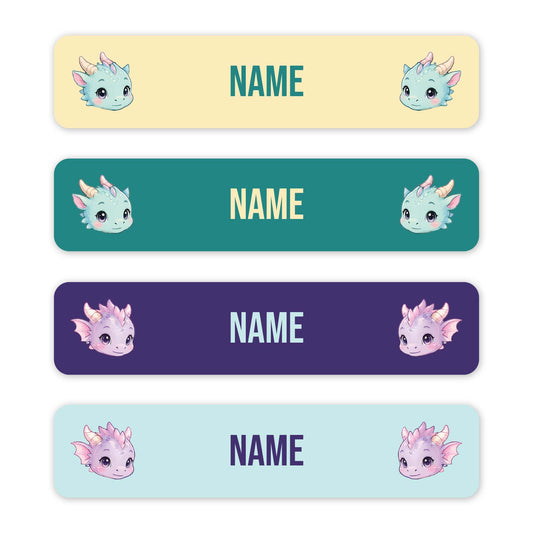 Four horizontal name tags with rounded corners, each featuring a cute cartoon dragon illustration on the left and right sides and the word 'NAME' in the centre. The tags are pastel yellow, teal, purple, and light blue.