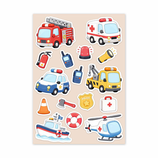 Collection of colorful stickers featuring emergency vehicles on a beige background