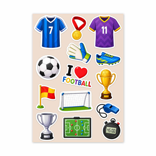 A sheet of football-themed stickers on a light beige background, including jerseys with numbers 7 and 11, a gold medal, gloves, a soccer ball, a blue cleat, a trophy, a goal, a stopwatch, a field graphic, and a red-and-yellow flag.