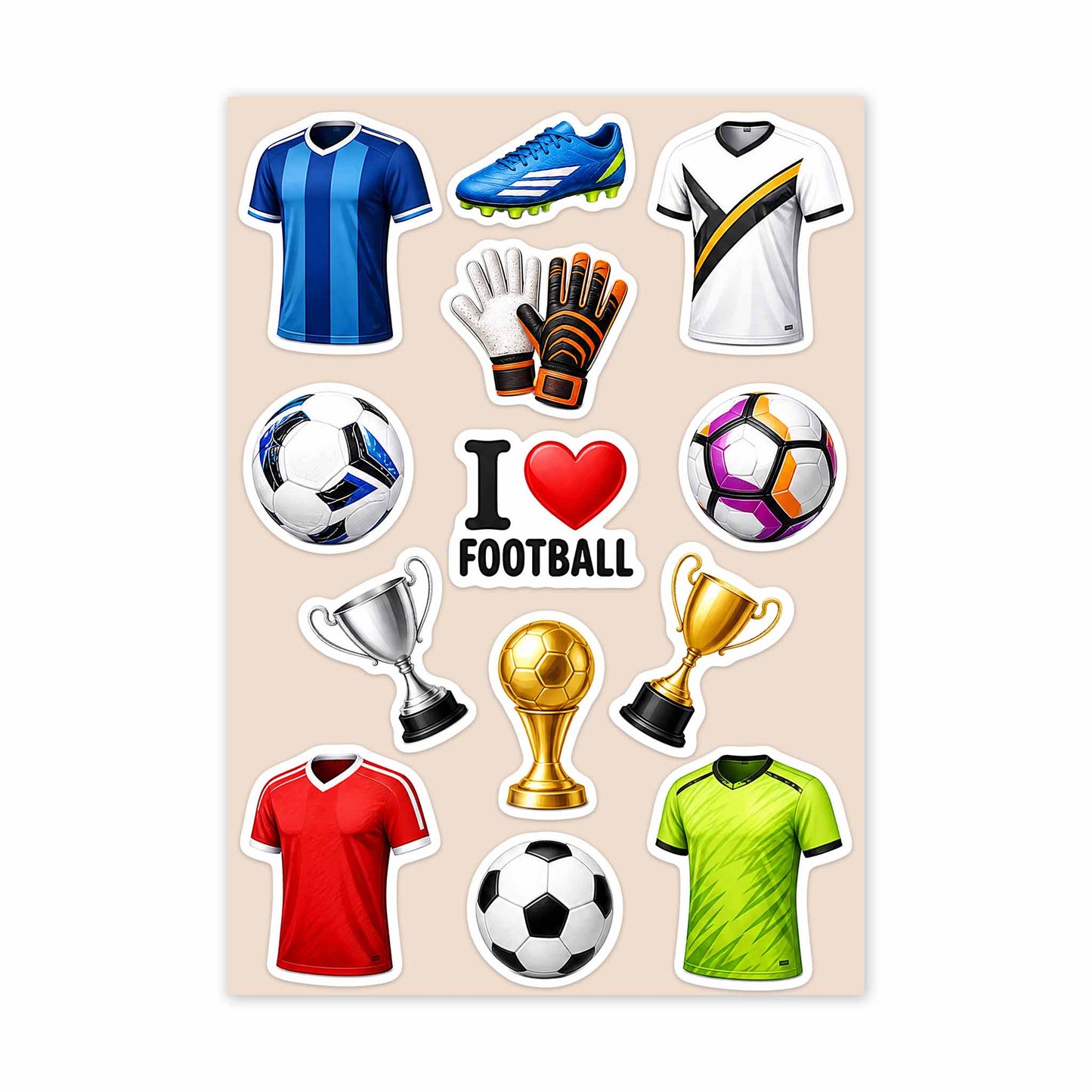 A sheet of football-themed stickers on a light beige background, featuring jerseys in blue, white, red, and green, soccer balls, gloves, trophies, a gold soccer trophy, and the text 'I [heart] FOOTBALL'.