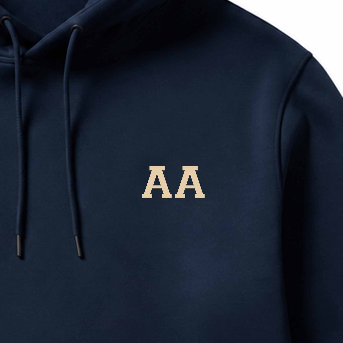 School leavers hoodie with custom iron-on "Initials" design in beige on the front.