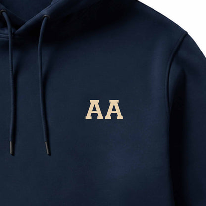 School leavers hoodie with custom iron-on "Initials" design in beige on the front.