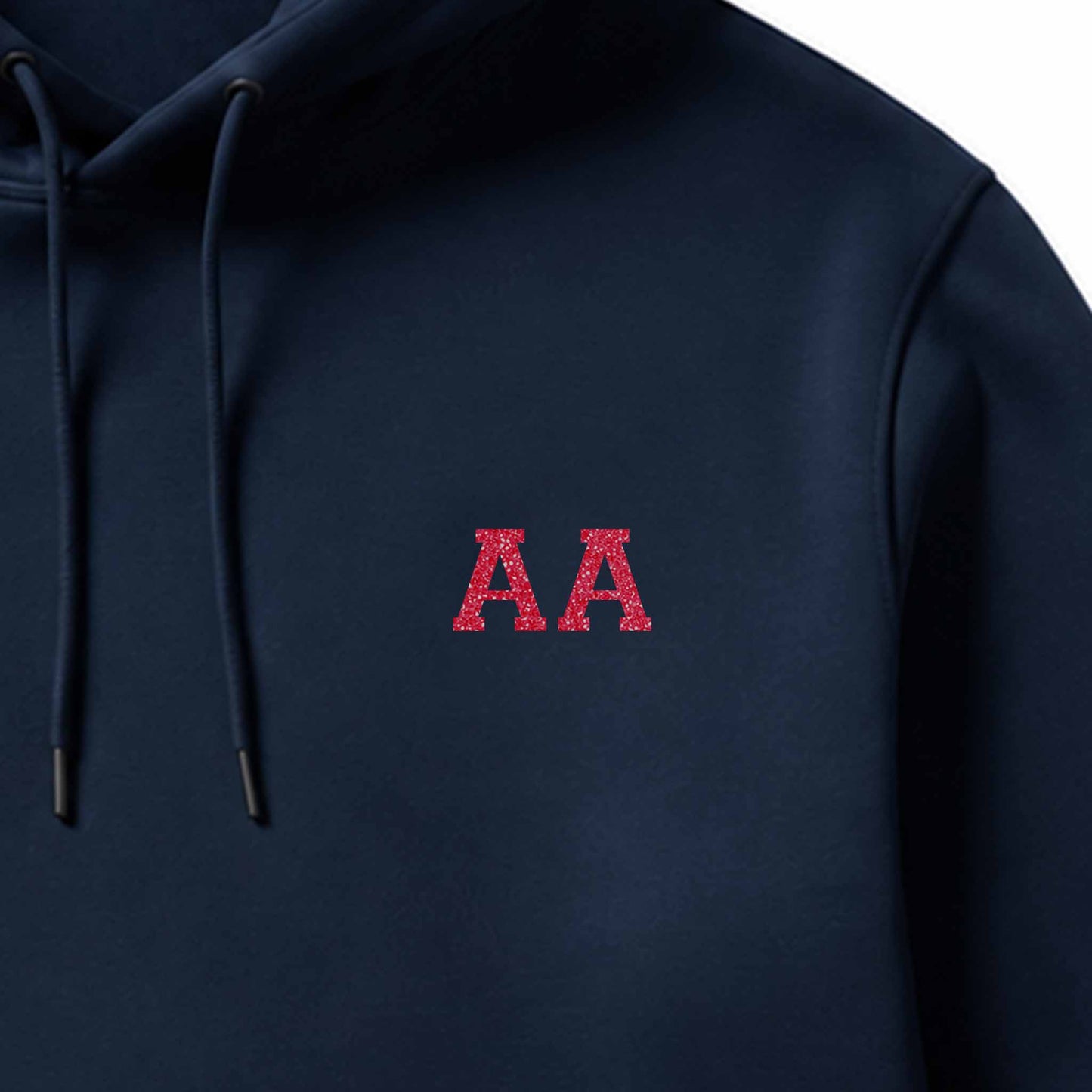 School leavers hoodie with custom iron-on "Initials" design in coral glitter on the front.