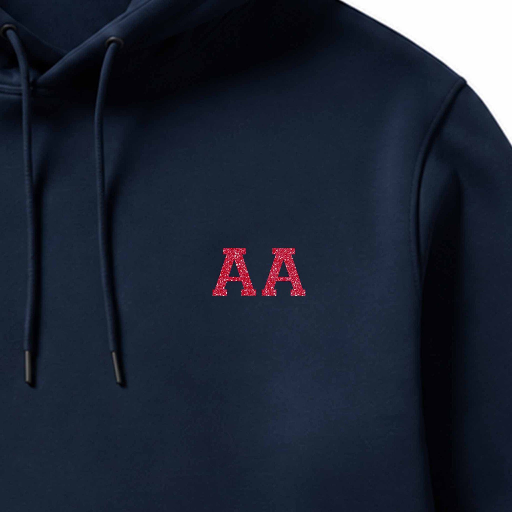 School leavers hoodie with custom iron-on "Initials" design in coral glitter on the front.