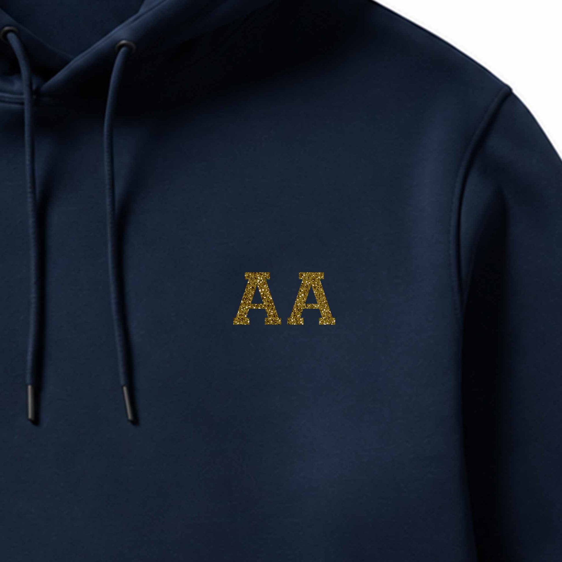 School leavers hoodie with custom iron-on "Initials" design in gold glitter on the front.