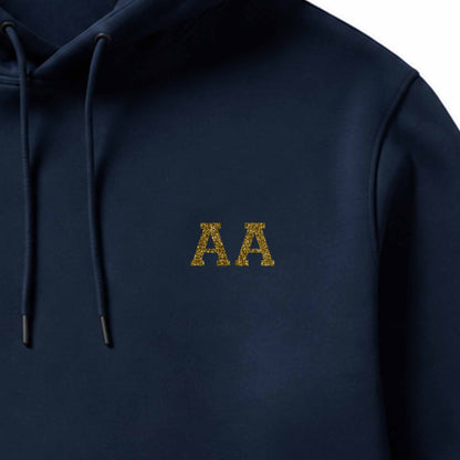 School leavers hoodie with custom iron-on "Initials" design in gold glitter on the front.