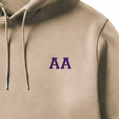 School leavers hoodie with custom iron-on "Initials" design in lavender glitter on the front.