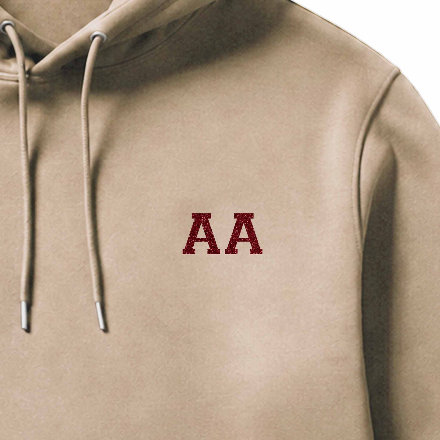 School leavers hoodie with custom iron-on "Initials" design in red glitter on the front.