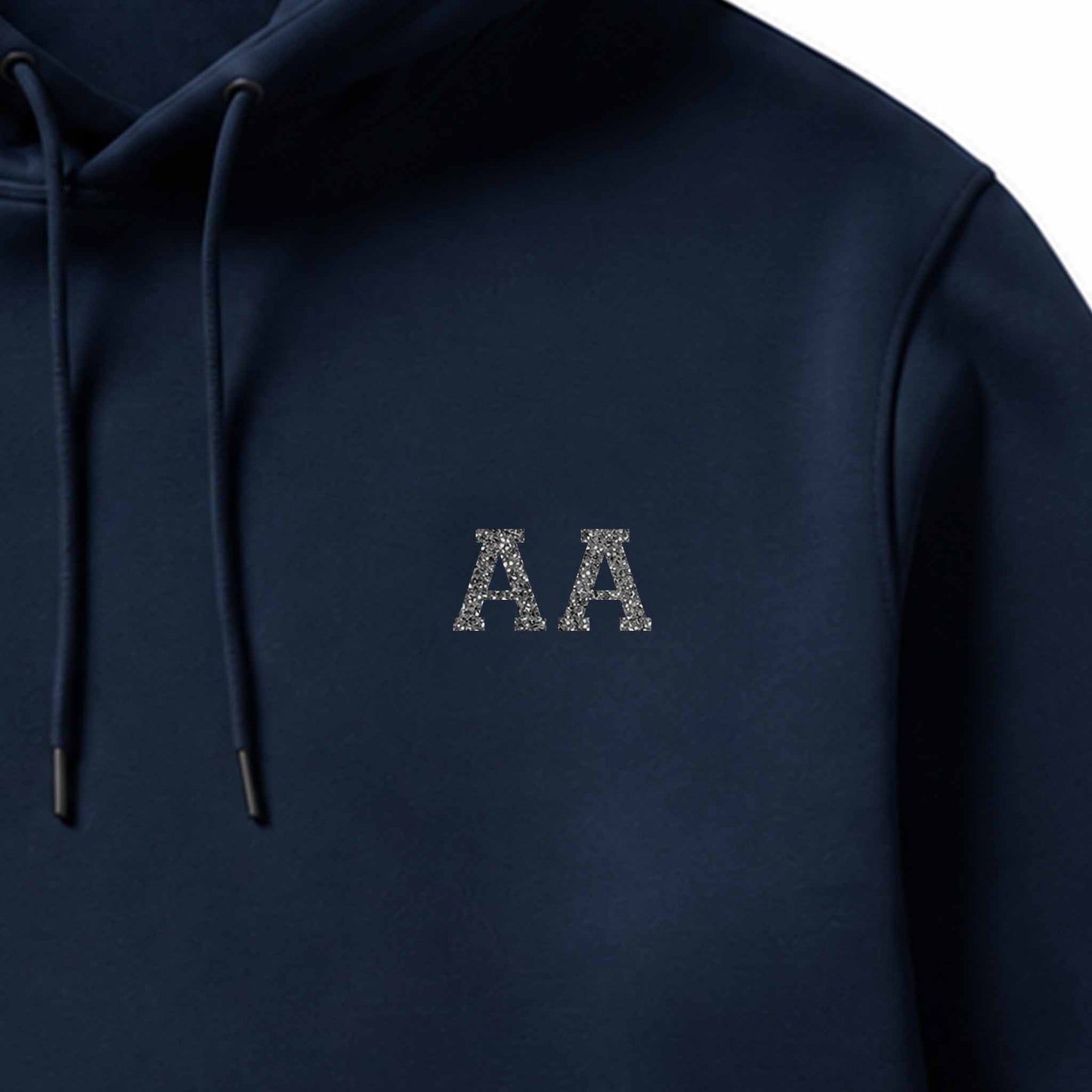 School leavers hoodie with custom iron-on "Initials" design in silver glitter on the front.