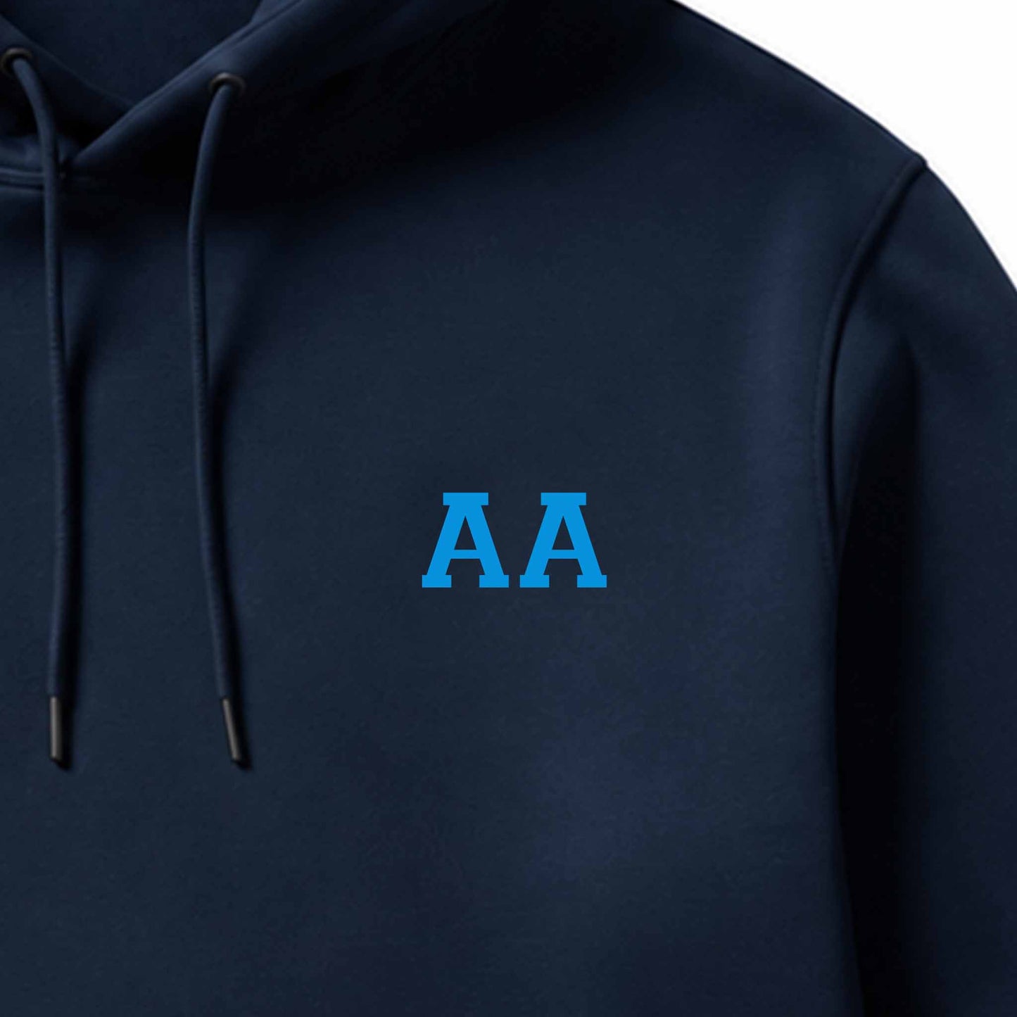 School leavers hoodie with custom iron-on "Initials" design in light blue on the front.