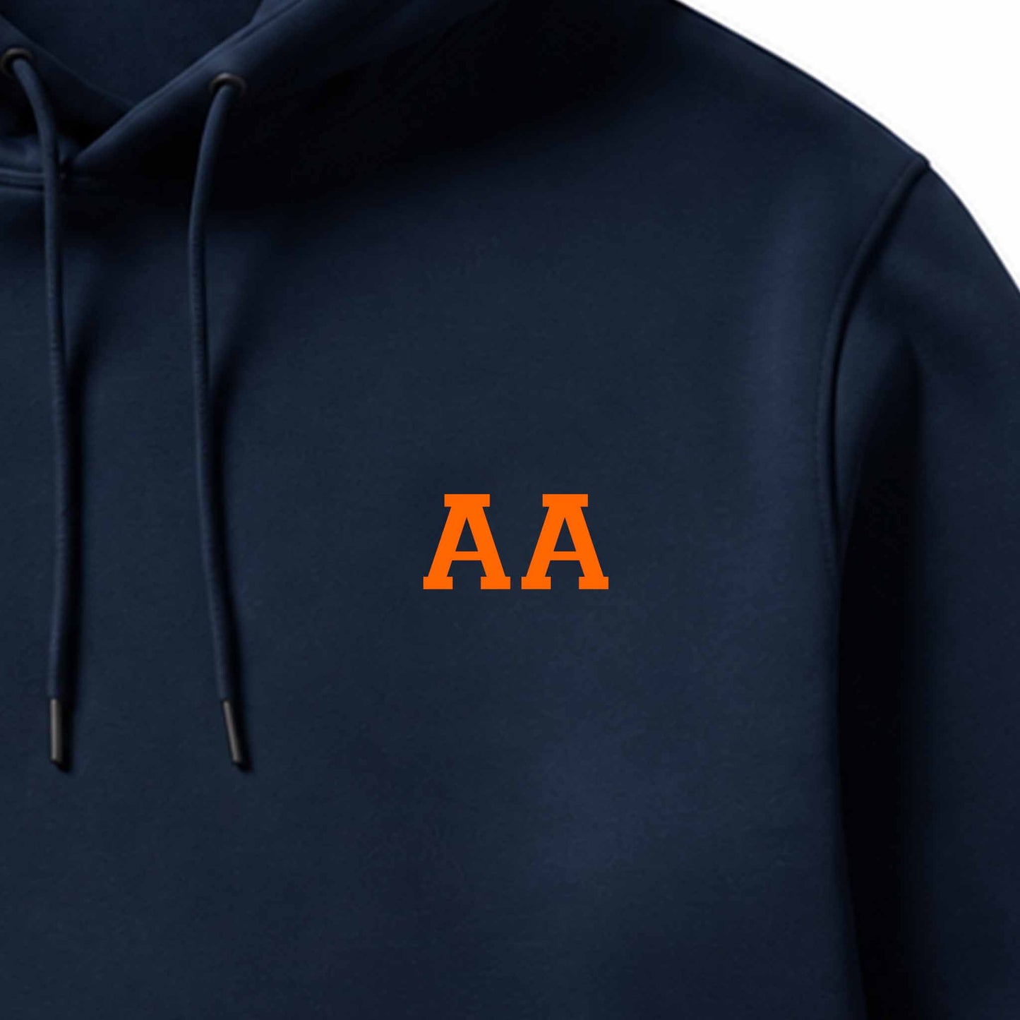 School leavers hoodie with custom iron-on "Initials" design in light orange on the front.