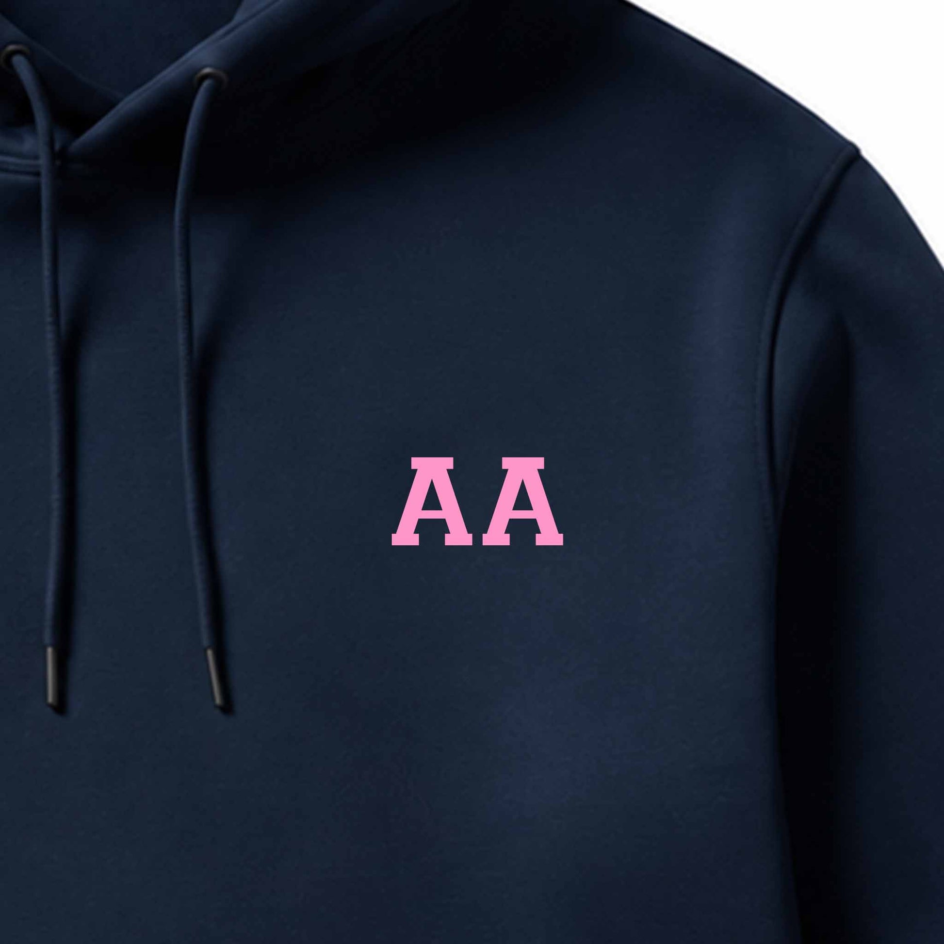 School leavers hoodie with custom iron-on "Initials" design in light pink on the front.