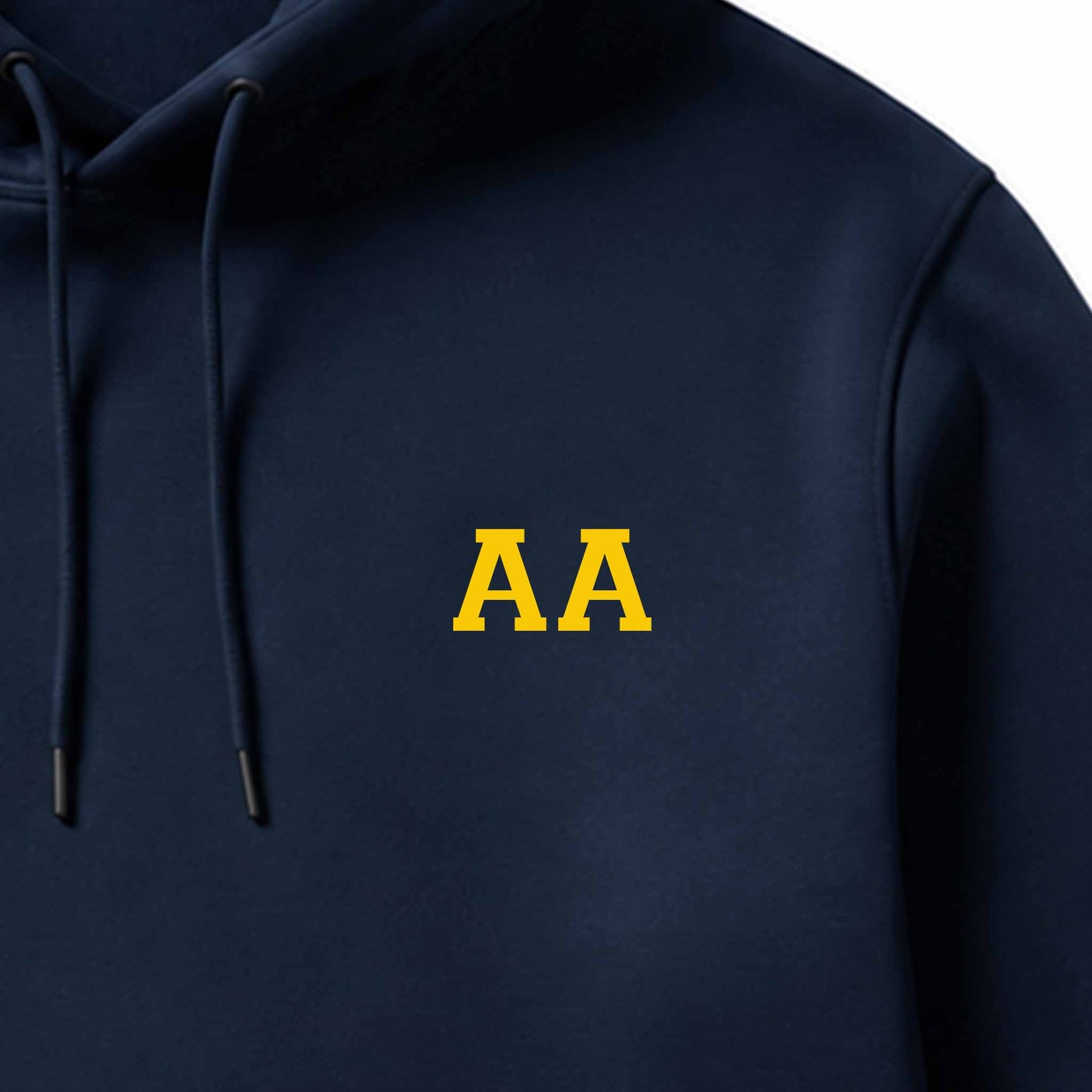 School leavers hoodie with custom iron-on "Initials" design in light yellow on the front.