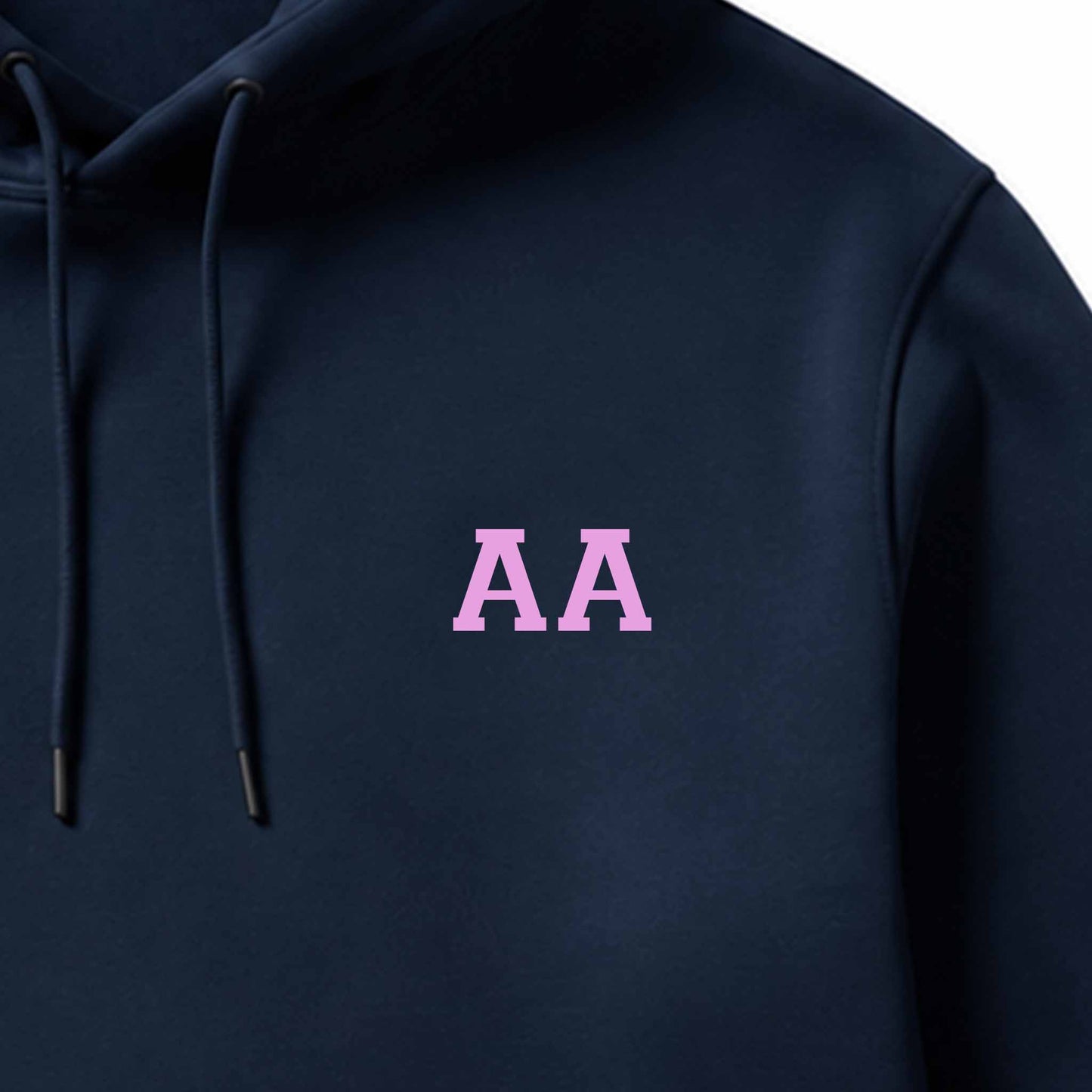 School leavers hoodie with custom iron-on "Initials" design in lilac on the front.