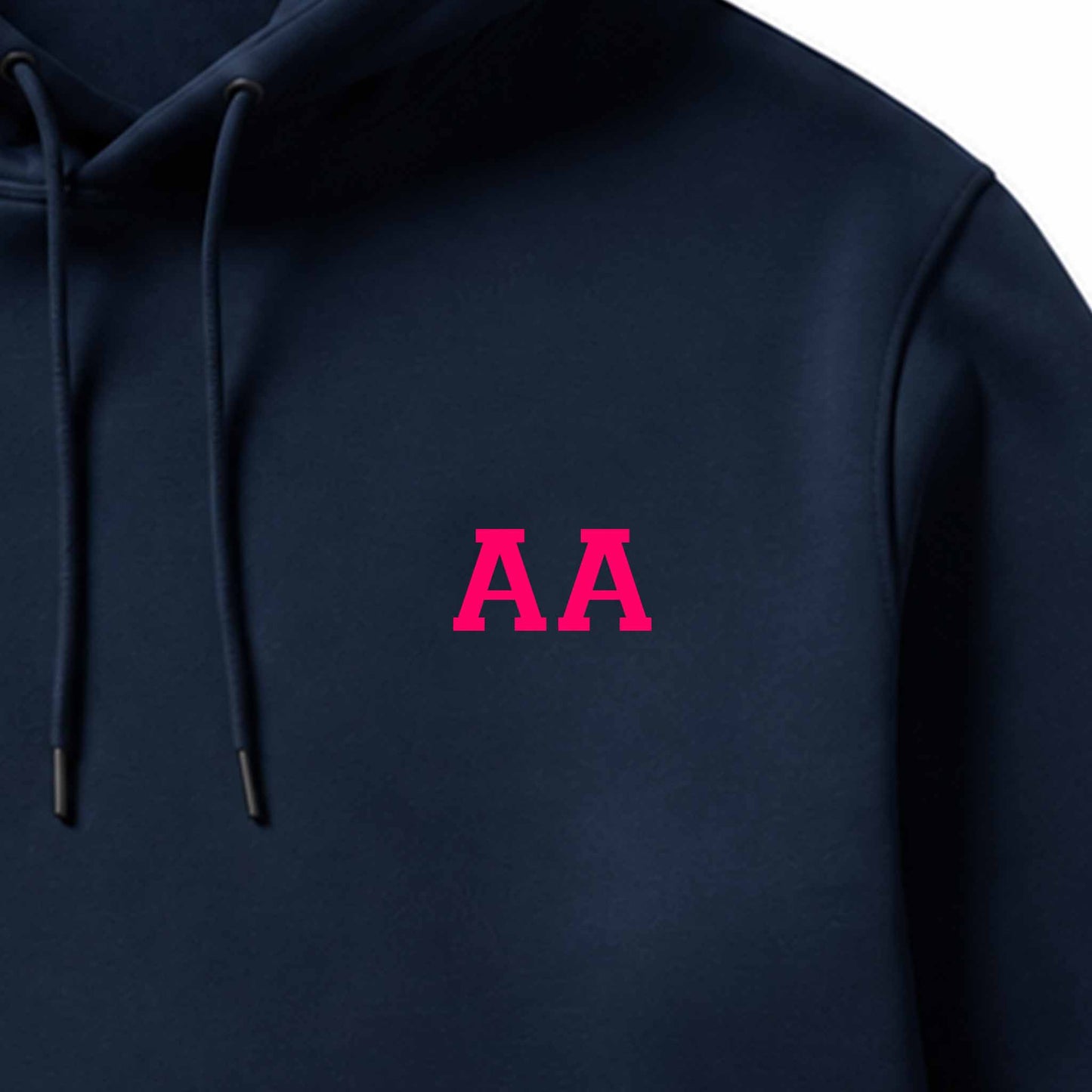 School leavers hoodie with custom iron-on "Initials" design in pink on the front.
