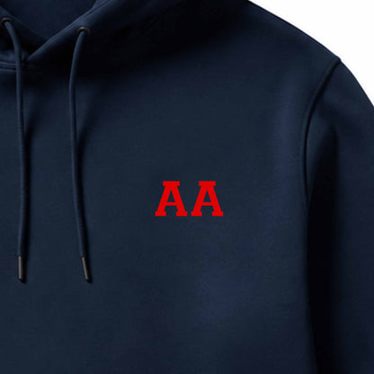 School leavers hoodie with custom iron-on "Initials" design in red on the front.